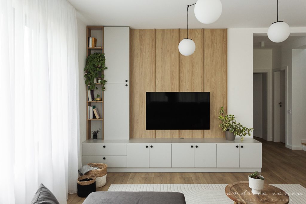 Livingroom interior design with light grey, white and oak wood texture. 