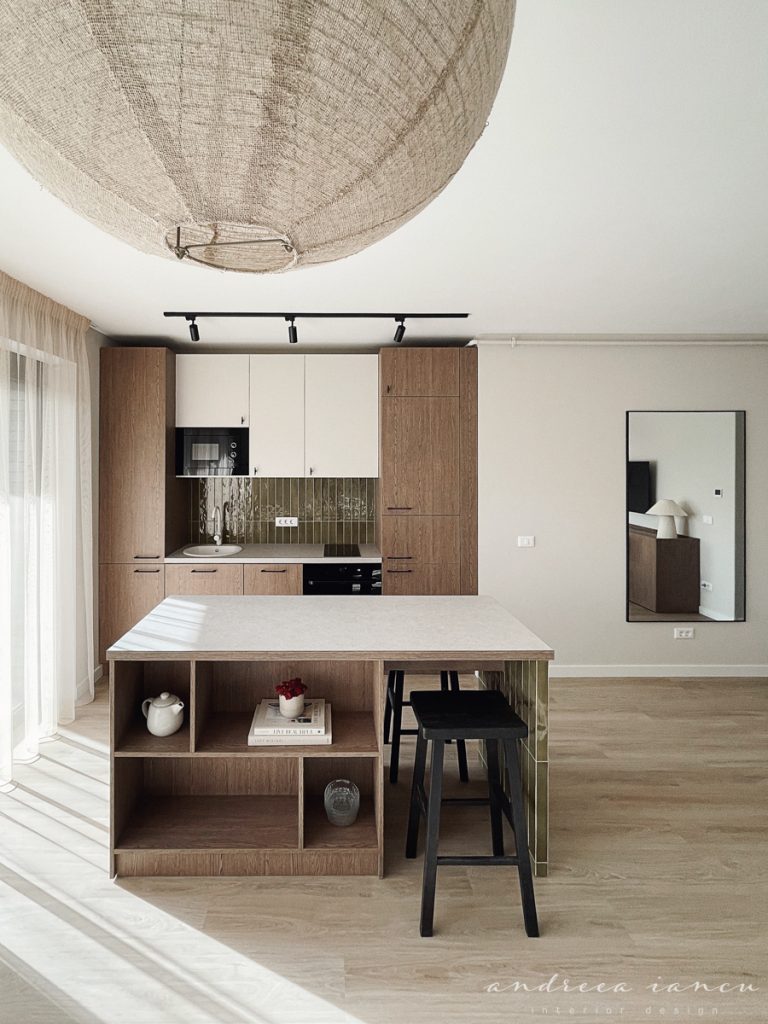 Kitchen view of small apartment interior design with dark wood and moss green tiles.